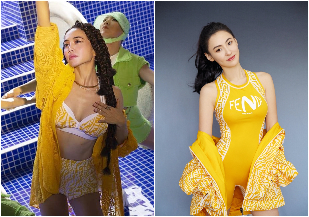 蔡依林（左）、張栢芝分別以比基尼與連身泳裝演繹FENDI Vertigo系列新裝的特殊吸引力。（FENDI提供）