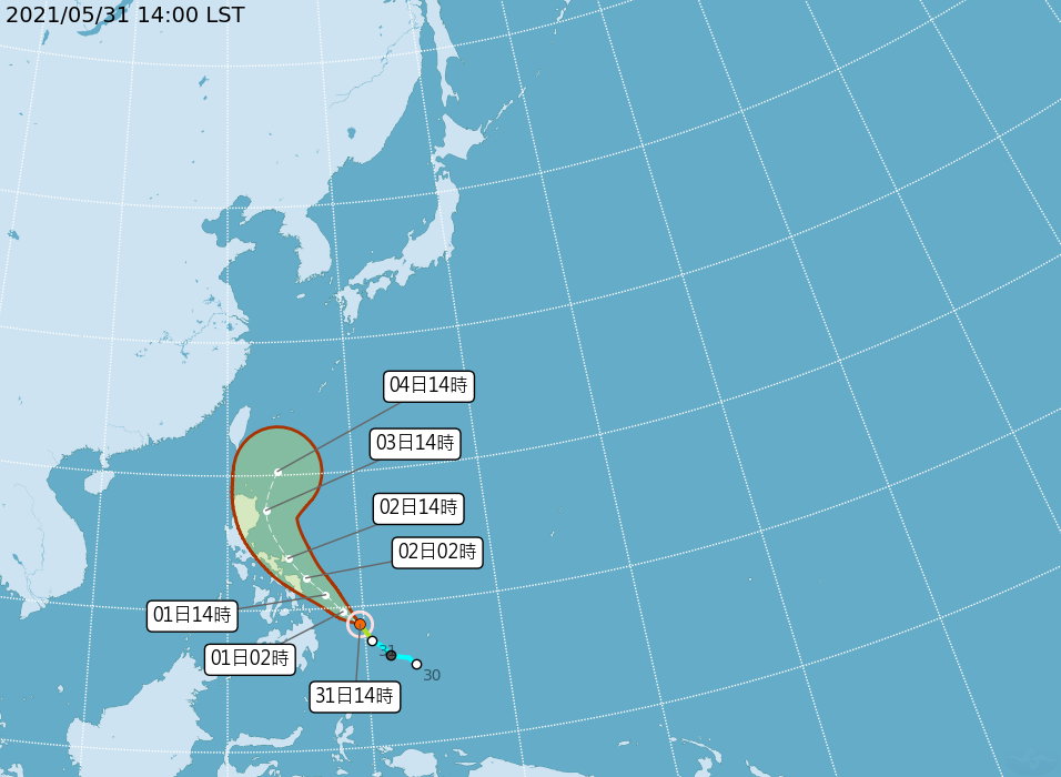 今日上午生成的輕度颱風「彩雲」,預計不會直接影響台灣。(翻攝自中央氣象局)
