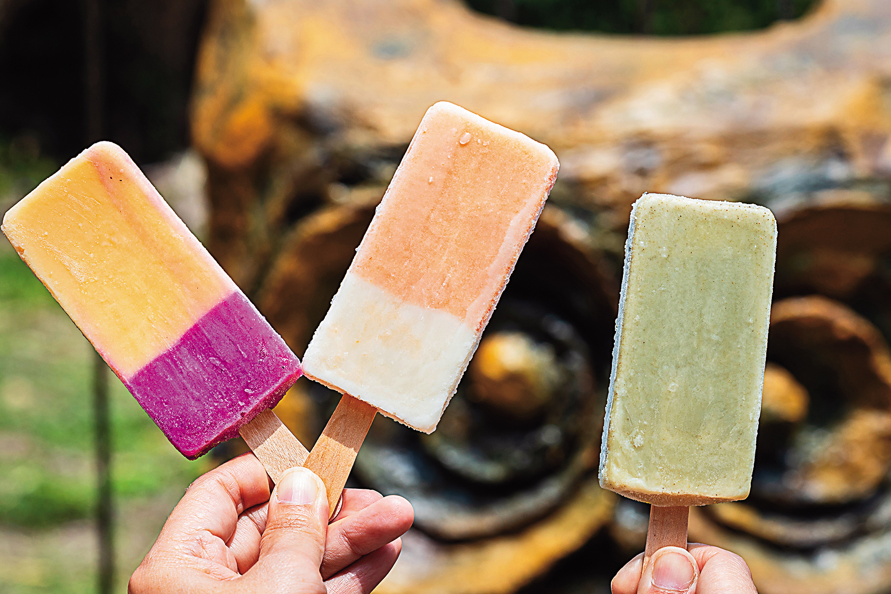 以南投及竹山在地水果與茶葉做成的「奇仔冰」。（左起，芒果火龍果、木瓜牛奶、烏龍茶，皆40元／支）