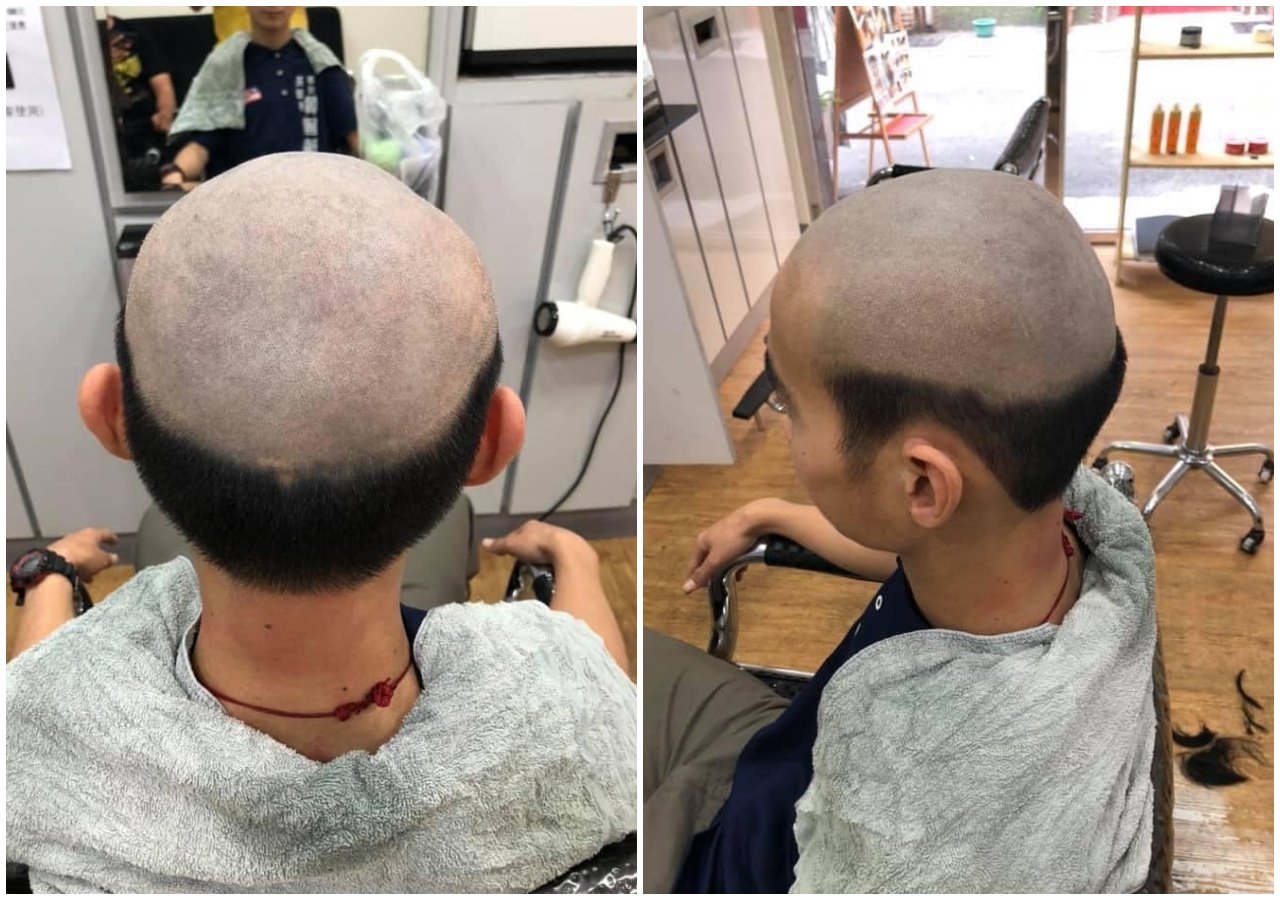 高雄一位髮型設計師說自己幫小朋友剪了一顆「不敢出門」的髮型。（翻攝自「高雄五甲大小事」臉書）