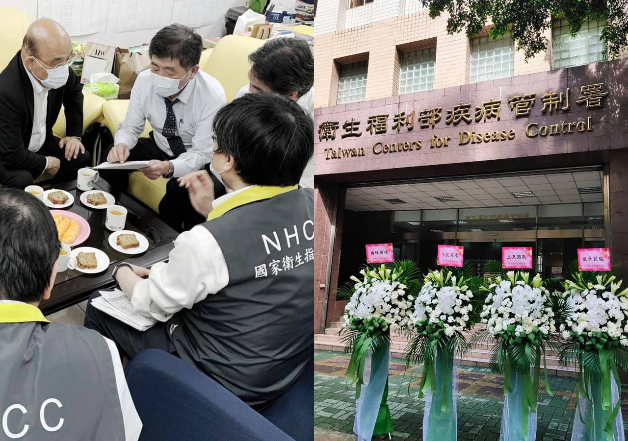 朱學恒送給衛福部疾管署4盆告別式花籃，蘇貞昌隨後在臉書po文回應此事。（翻攝自蘇貞昌／朱學恒臉書）