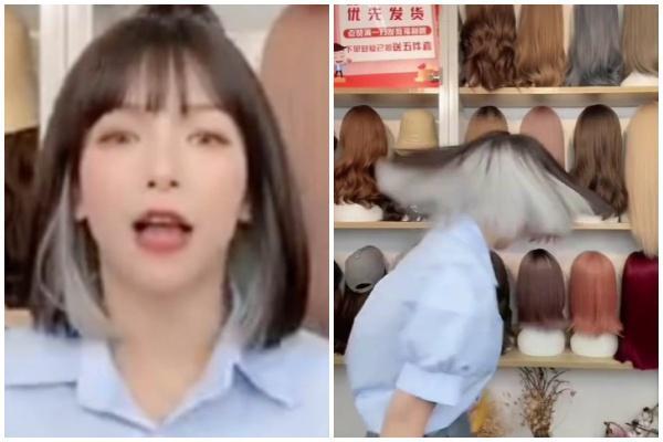 直播主在鏡頭前以360度畫圈、上下來回的方式快速甩頭,但假髮依然牢牢戴她的頭上。(翻攝自微博)