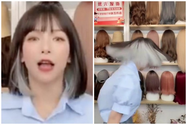 直播主在鏡頭前以360度畫圈、上下來回的方式快速甩頭,但假髮依然牢牢戴她的頭上。(翻攝自微博)