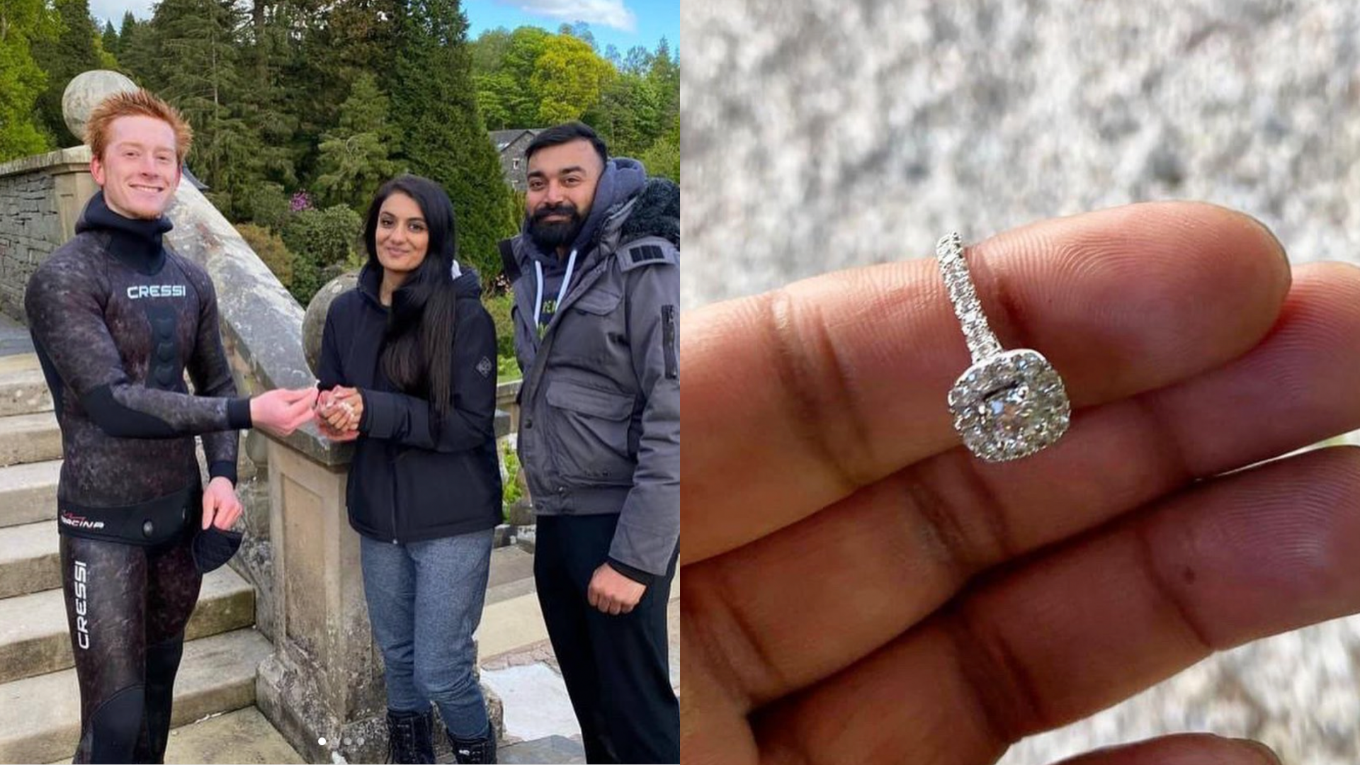 英國一名22歲潛水員，幫助情侶找回掉進湖中的婚戒。（翻攝自bbcneandcumbria IG）