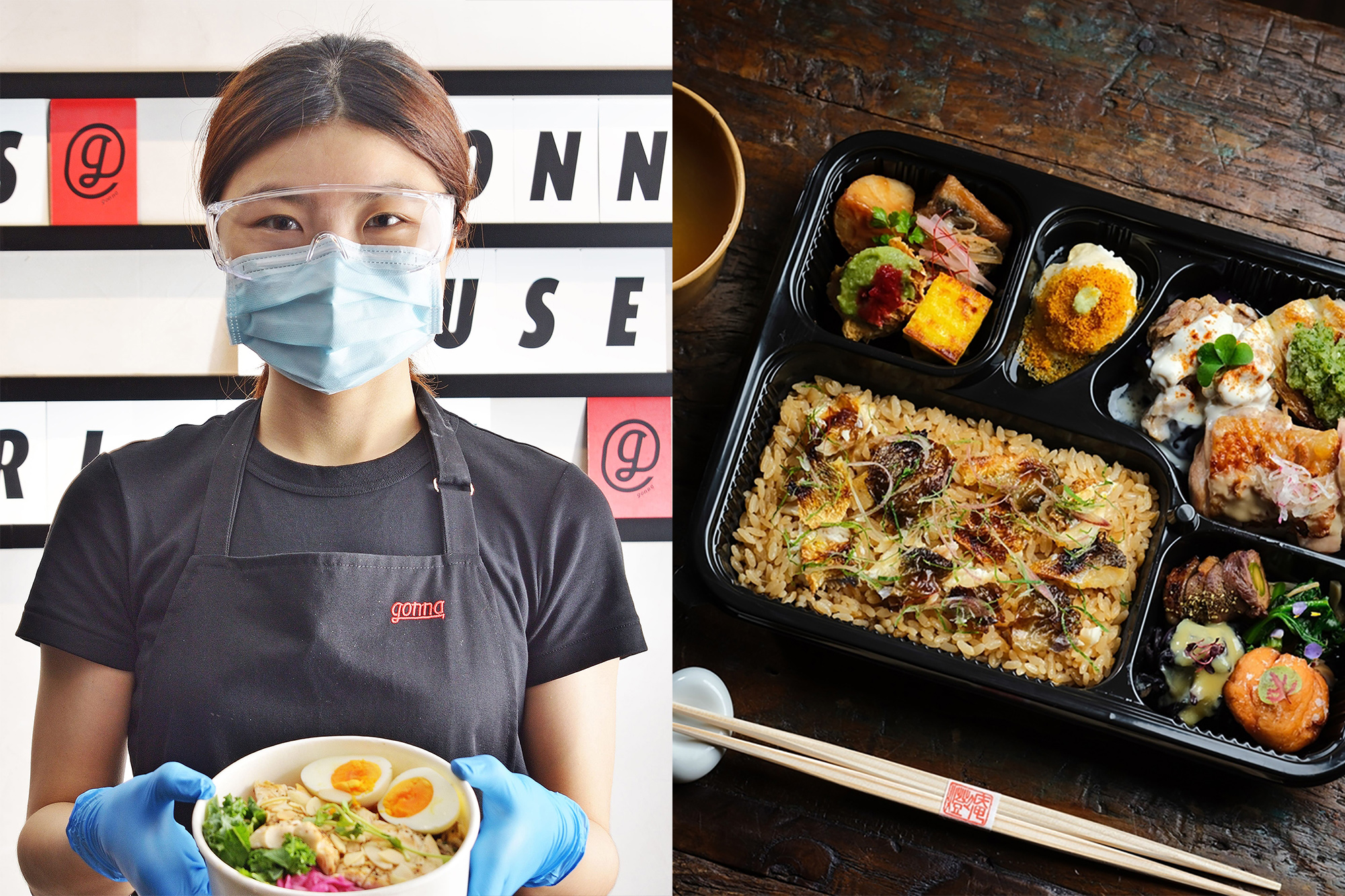 （左圖）為加強防疫作為，每一位雄獅外送員均會佩戴口罩、護目鏡、手套等防護措施（雄獅旅遊提供）；（右圖）KKday於6月1日至3日期間限量開賣「日本、西班牙米其林星級精緻便當外帶」，每份480元起。（KKday提供）