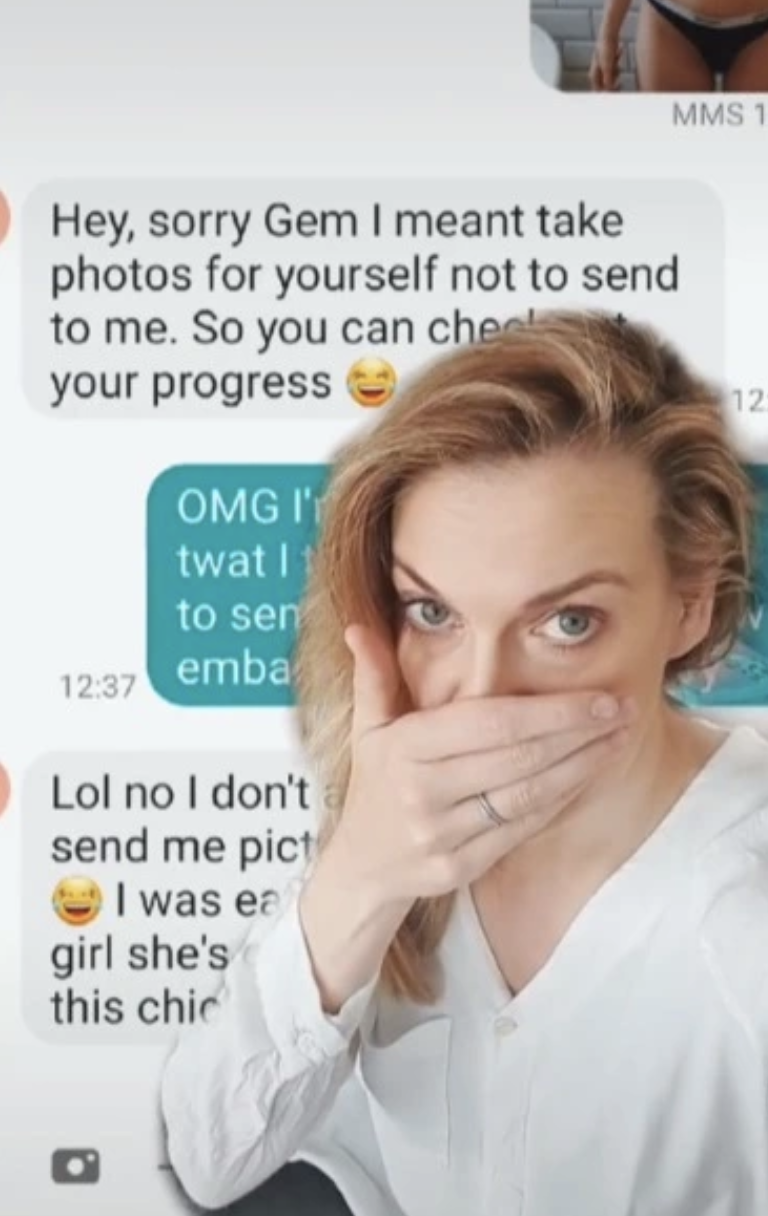 因為誤傳內衣照給健身教練，賀兒尷尬到忍不住掩面。（翻攝自Gemma Hill抖音）
