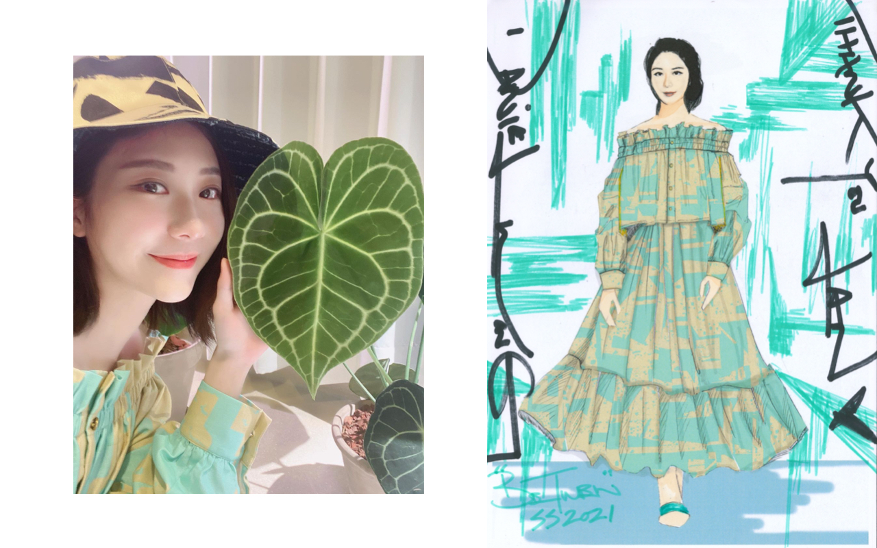 張景嵐穿上Daniel Wong設計的平口露肩上衣，在線上時尚秀暢聊植栽療育話題。（Daniel Wong提供）