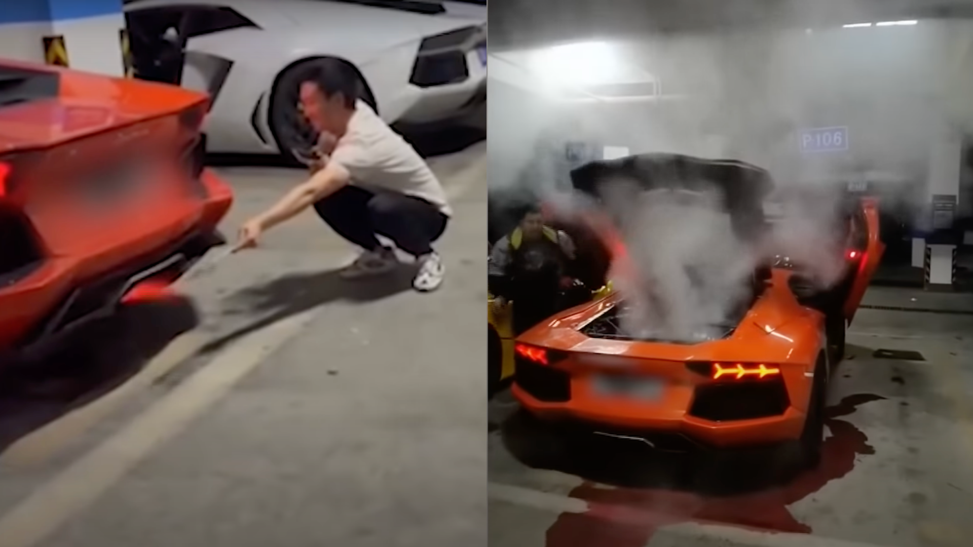 中國大陸男子把藍寶堅尼當成烤肉器,耍帥不成還得花錢修車。(翻攝自YouTube)