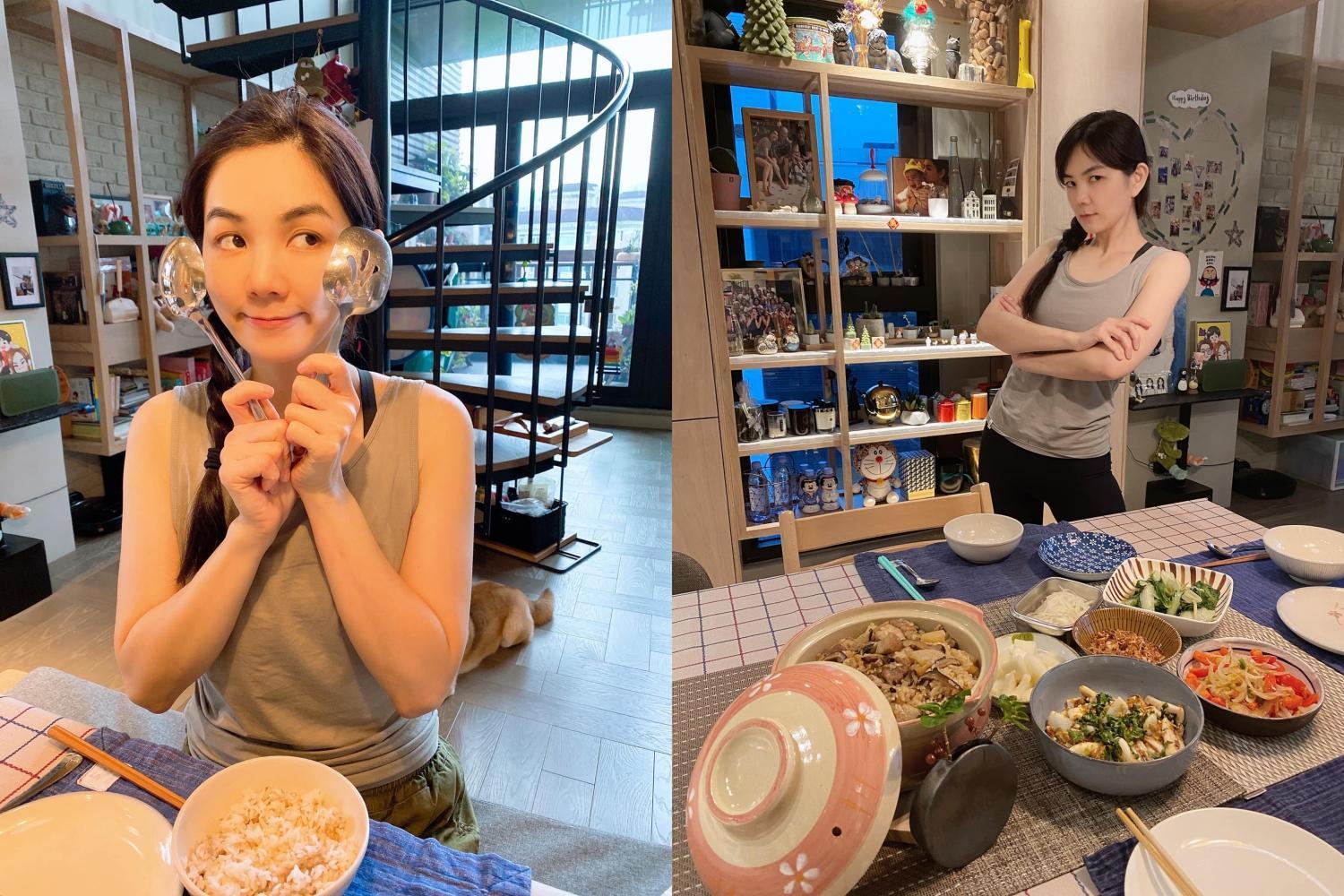 Ella近日和小孩老公宅在家,煮婦就算沒洗頭,仍要美美的。(翻攝自Ella臉書)