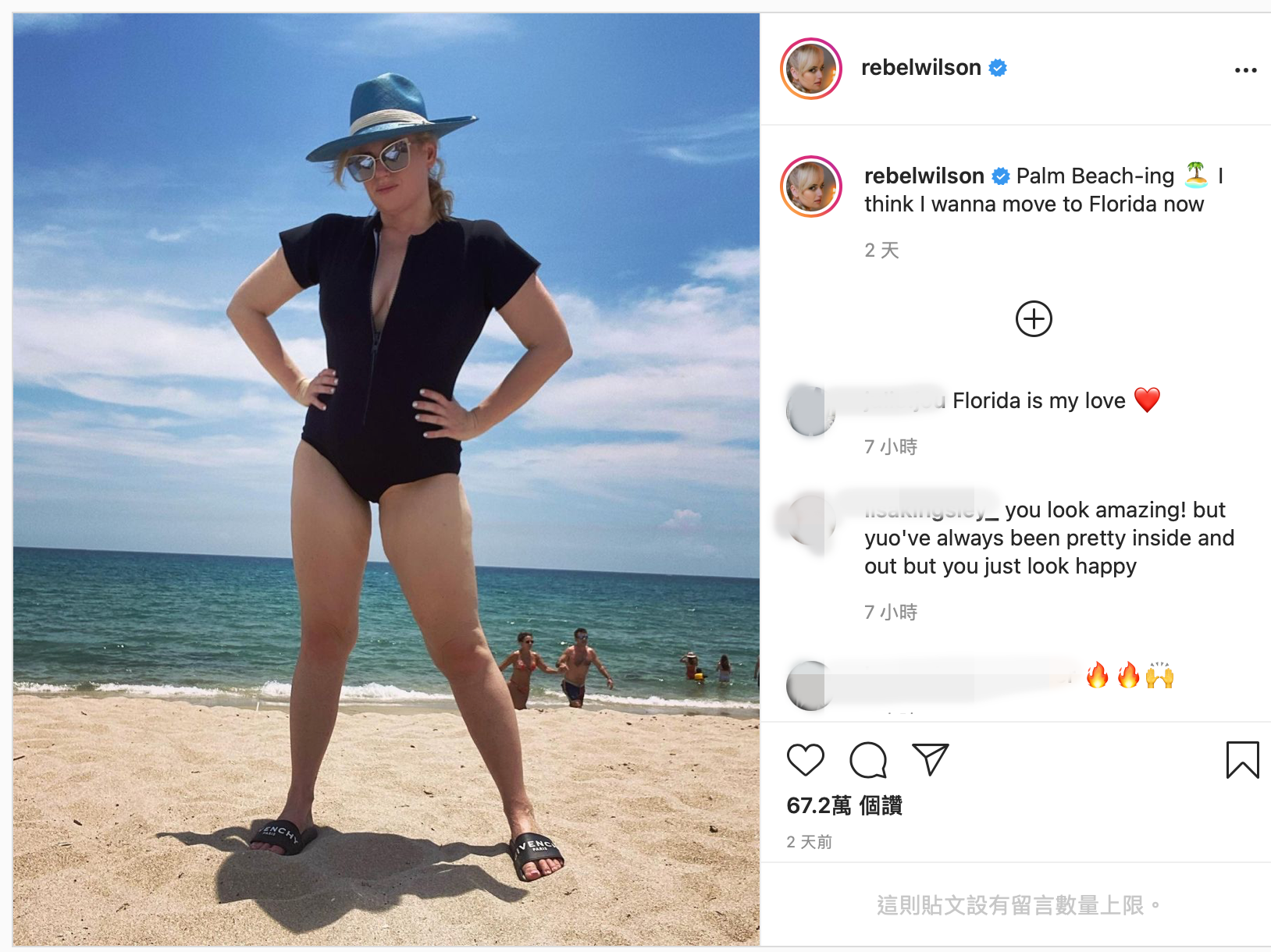 瑞貝威爾森上週末在佛州海灘採點，穿著泳裝大方秀出身材，結果讓同款泳裝全部賣光。（翻攝自Rebel Wilson官方Instagram）
