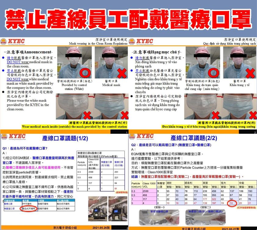 苗栗縣議員曾玟學指出，京元電禁止產線員工配戴醫療口罩進入無塵室，讓員工憂心恐成防疫破口。（翻攝自曾玟學 苗栗縣議員臉書）