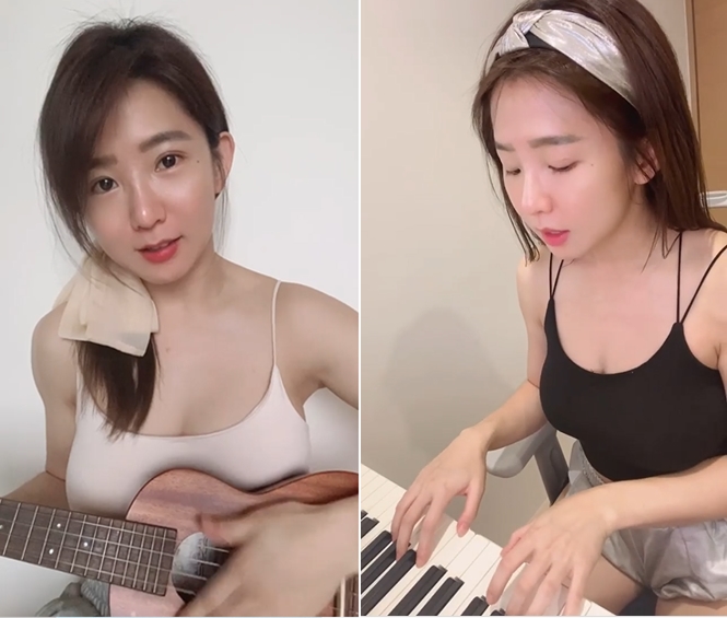 郭書瑤的2支「小背心」系列自彈自唱影片最高寫下近40萬觀賞人次紀錄，很多粉絲都巴不成想變成她胸口的烏克麗麗。（翻攝自郭書瑤IG）