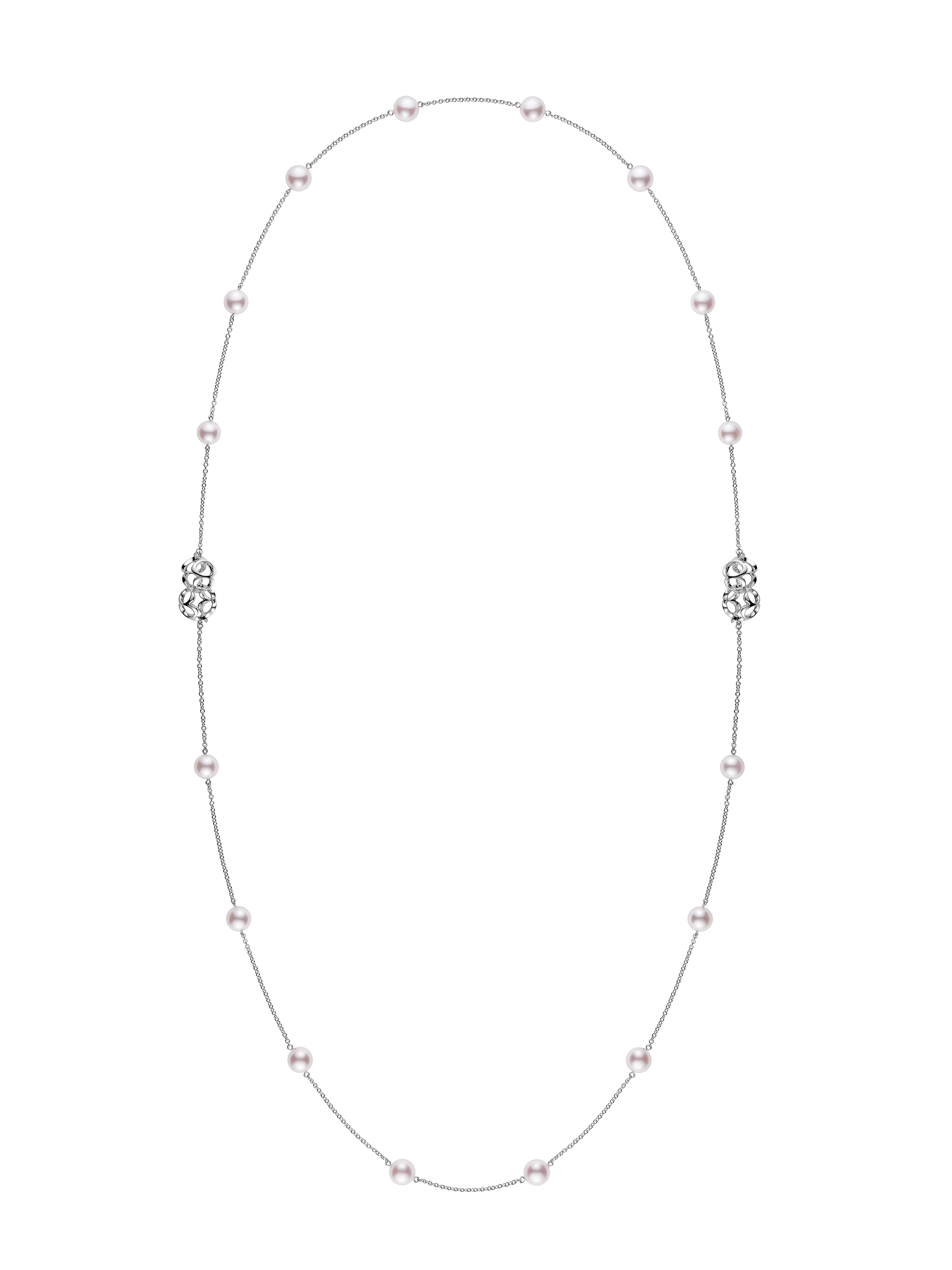 Double Eight系列珍珠鏈結項鍊 18K白金，日本Akoya珍珠（珍珠尺寸約8.00mm-8.99mm）。 NT$183,000 Mikimoto 。（Mikimoto提供）