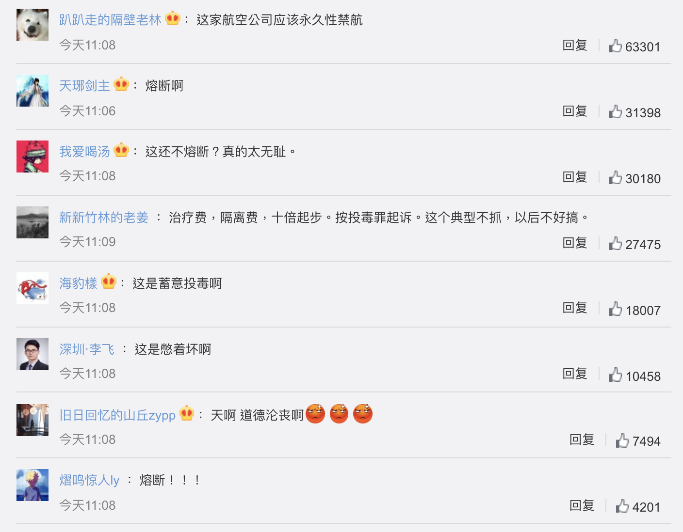 中國網友聽聞此事怒批蓄意投毒,認為航空公司應永久禁航。(翻攝微博)