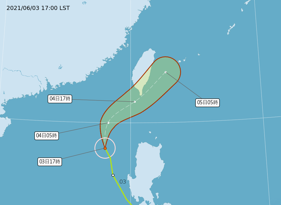 輕度颱風彩雲潛勢預測。（翻攝自中央氣象局網站）