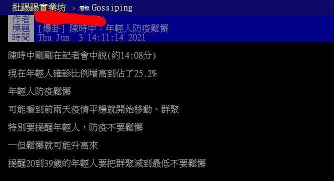 大票網友因陳時中一句話炸鍋。（翻攝自PTT）