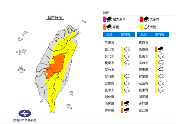 氣象局發布豪大雨特報。(氣象局提供)