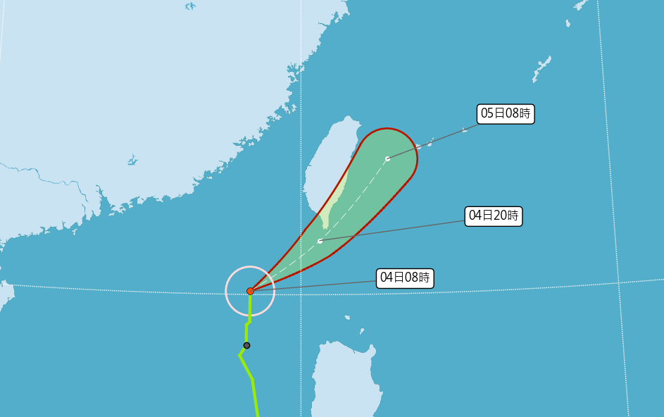 輕颱彩雲持續朝台灣南部前進。（氣象局提供）