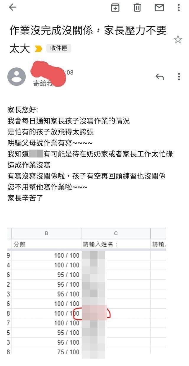 老師發現異狀後,寄信表示作業沒完成也沒關係。(翻攝自臉書社團我是基隆人)