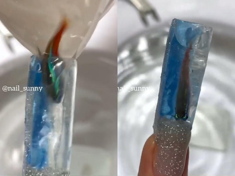 俄羅斯某連鎖美甲品牌把活魚放入水晶指甲內,遭到網友跟動保團體砲轟。(翻攝自Nail Sunny IG)
