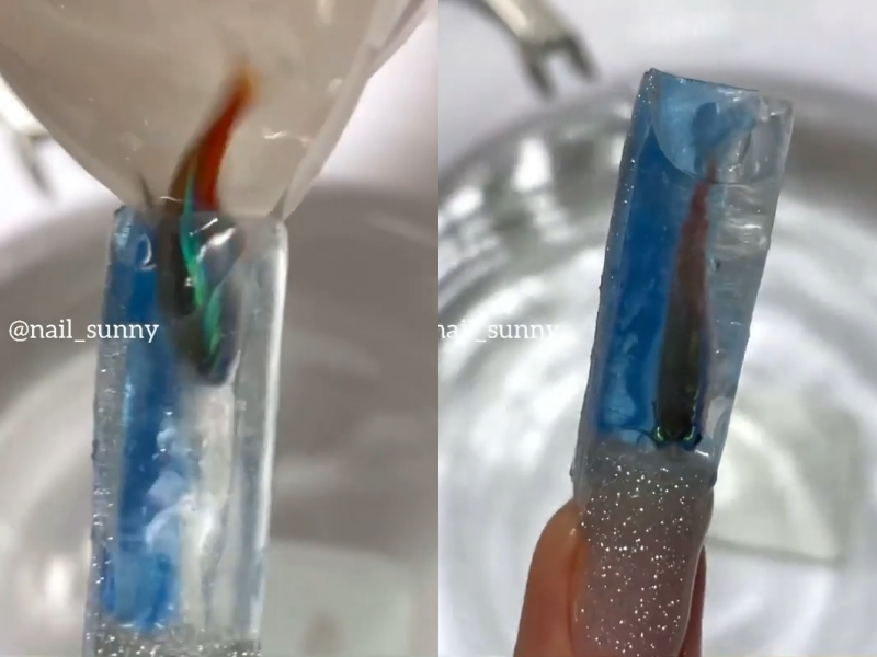 俄羅斯某連鎖美甲品牌把活魚放入水晶指甲內，遭到網友跟動保團體砲轟。（翻攝自Nail Sunny IG）
