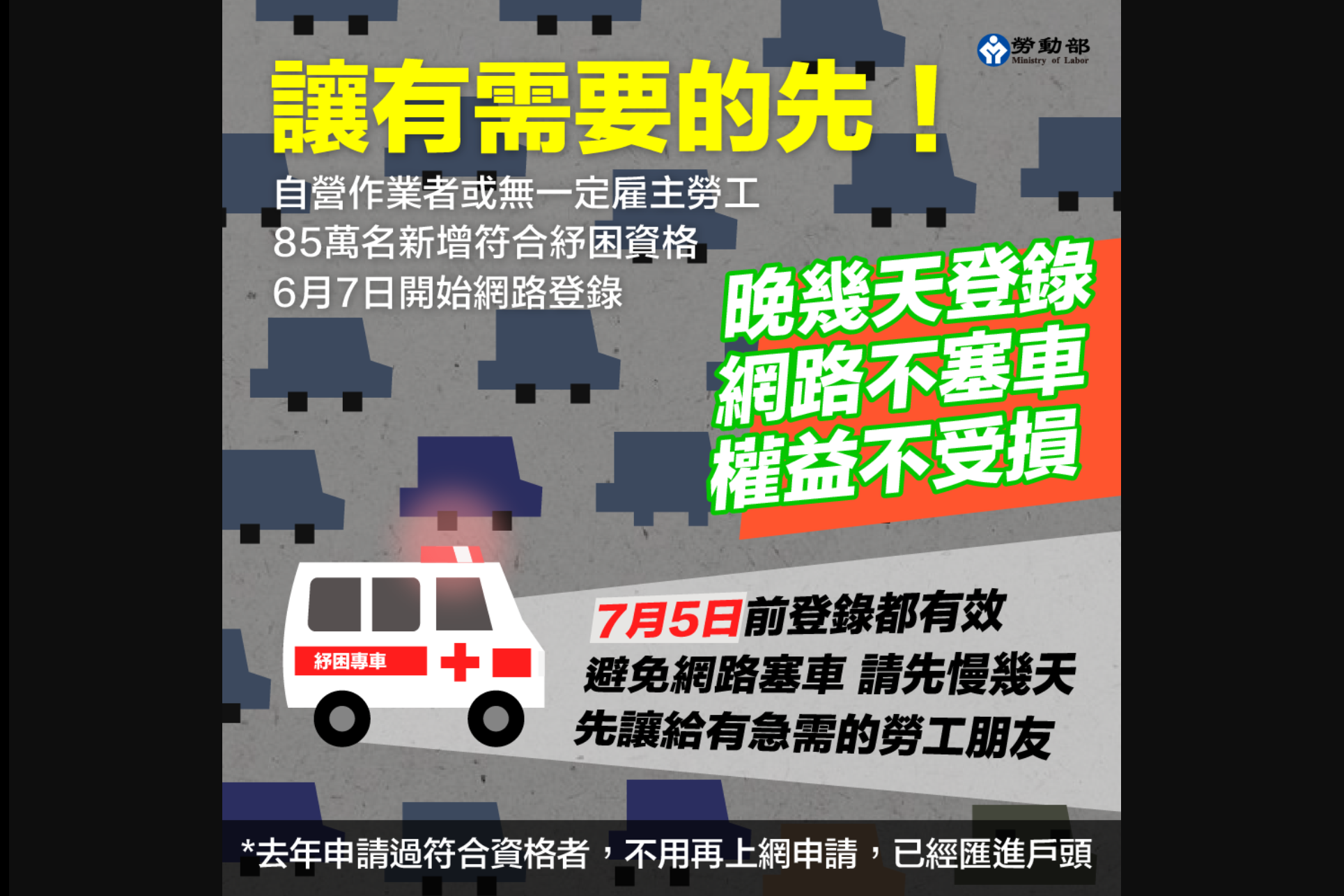 勞動部呼籲，讓有需要勞工朋友先行登錄紓困4.0。（翻攝自勞動部臉書）