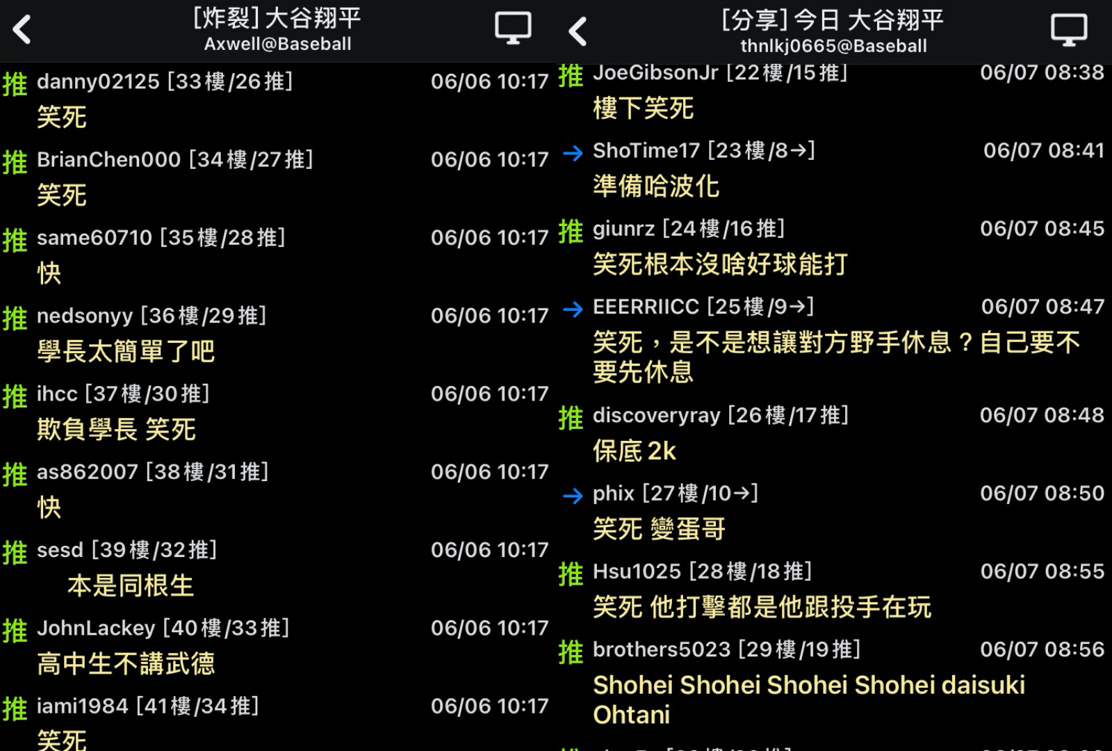 PTT棒球板上，大谷翔平的資訊總有一堆「笑死」。（翻攝自PTT）