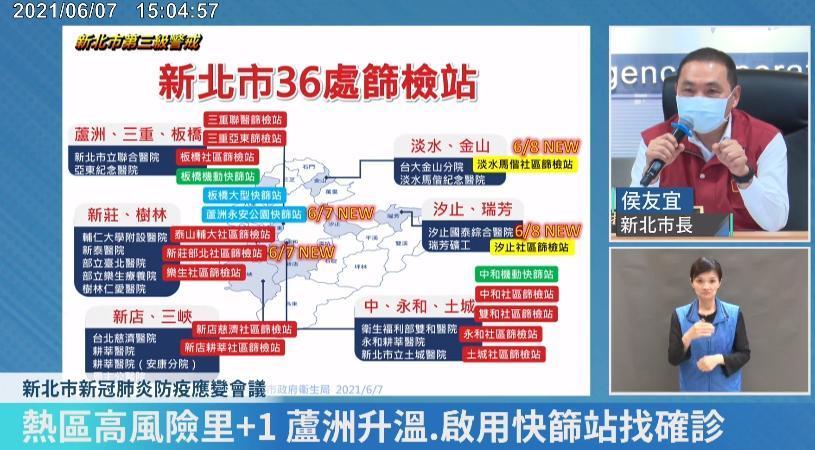 侯友宜提醒蘆洲區這幾天疫情看來有上升趨勢,今啟用蘆洲永安公園快篩站,希望找出隱藏的確診個案。(翻攝臉書我的新北市直播)