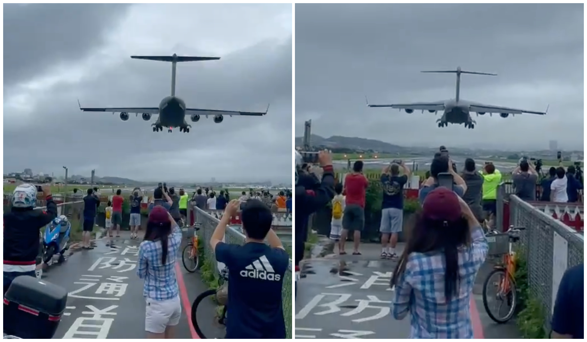 C-17首降松山機場，數十民眾聚集在濱江街180巷爭相搶拍。（翻攝poppy208209推特影片）