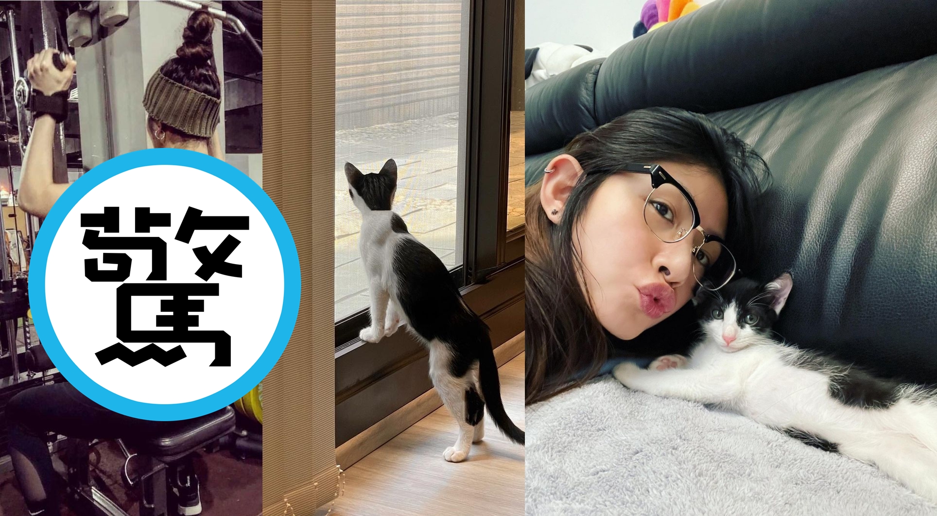 李千那5月把認養的黑白賓士貓帶回家，疫情間甚至一起練背肌。（翻攝自李千那IG）
