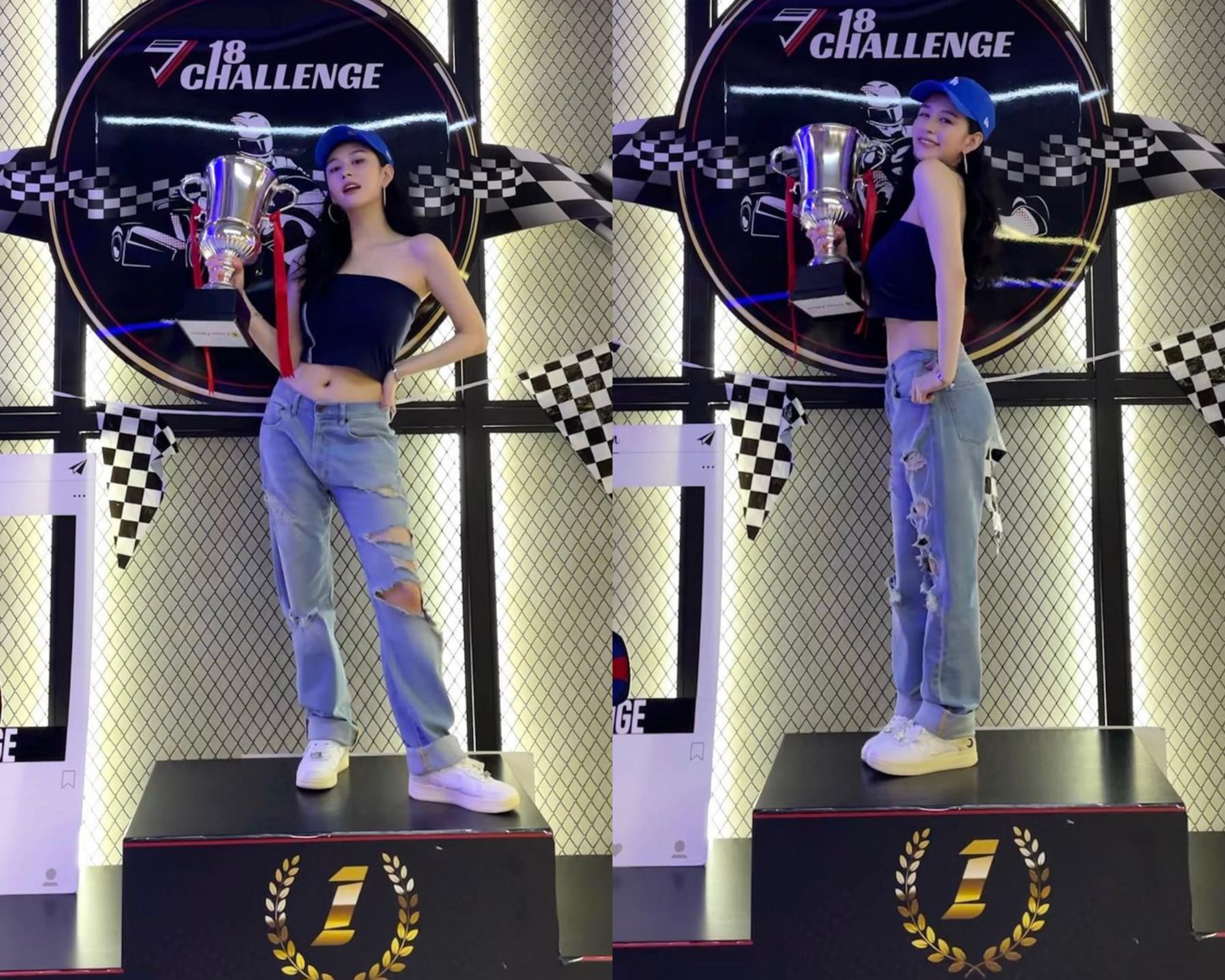 沈月俏皮地舉著冠軍盃拍照，鎖骨和小蠻腰是亮點。（翻攝自沈月IG）