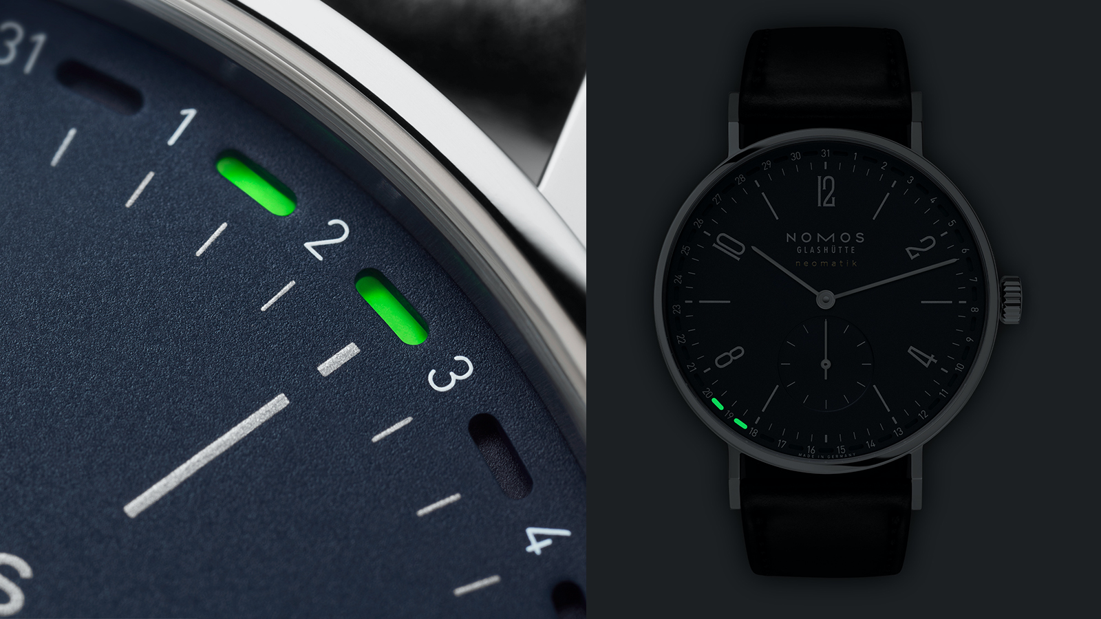 Tangente Neomatik 41 Update今年加入午夜藍面盤，搭配綠色的日期指示窗，特別的是這次還用了SuperLuminova夜光塗料，在黑暗中發光的不是指針而是日期指示還滿有意思的。