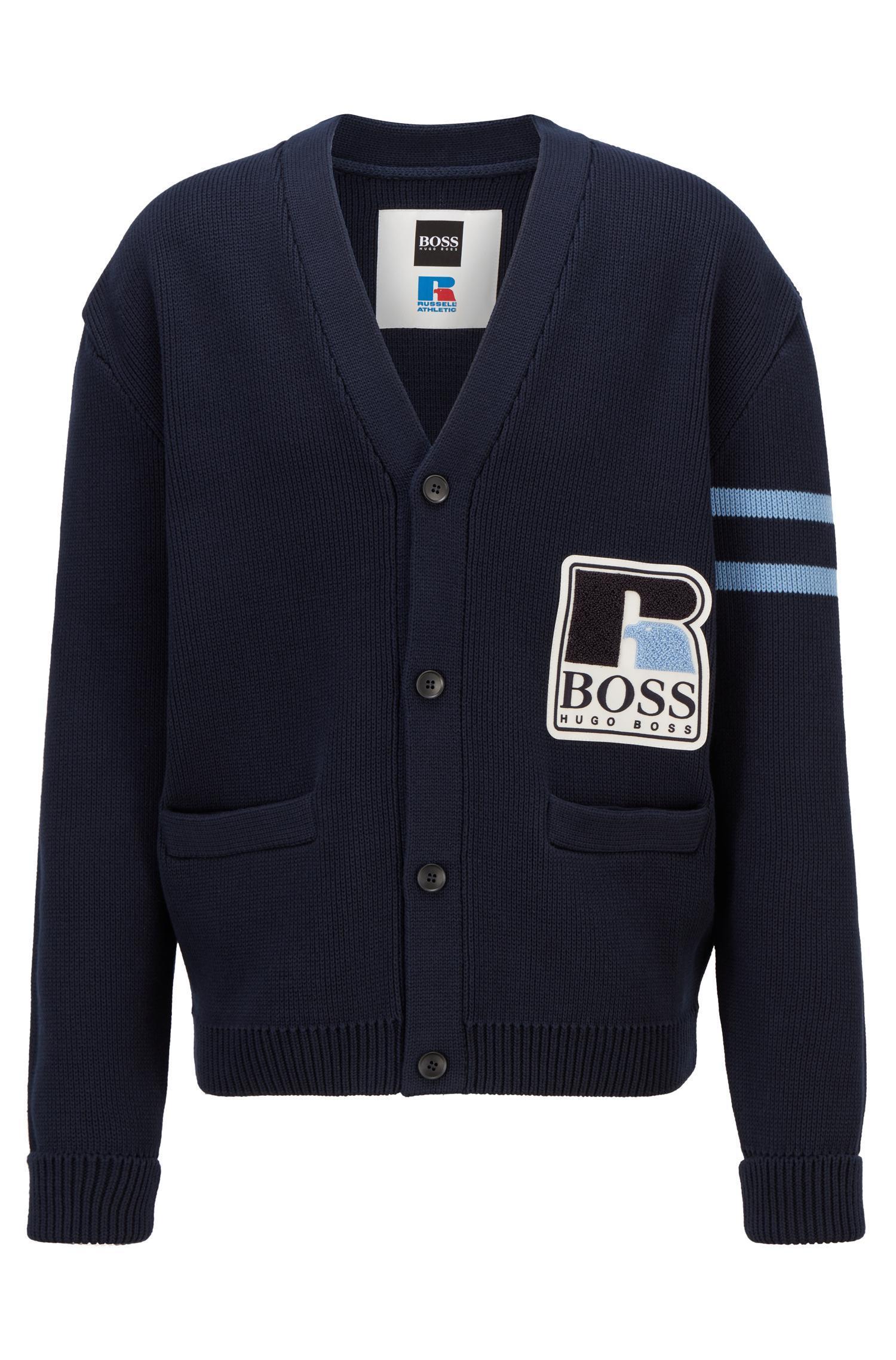 深藍色開襟針織外套NT$13,400 BOSS X Russell Athletic 。（BOSS提供）