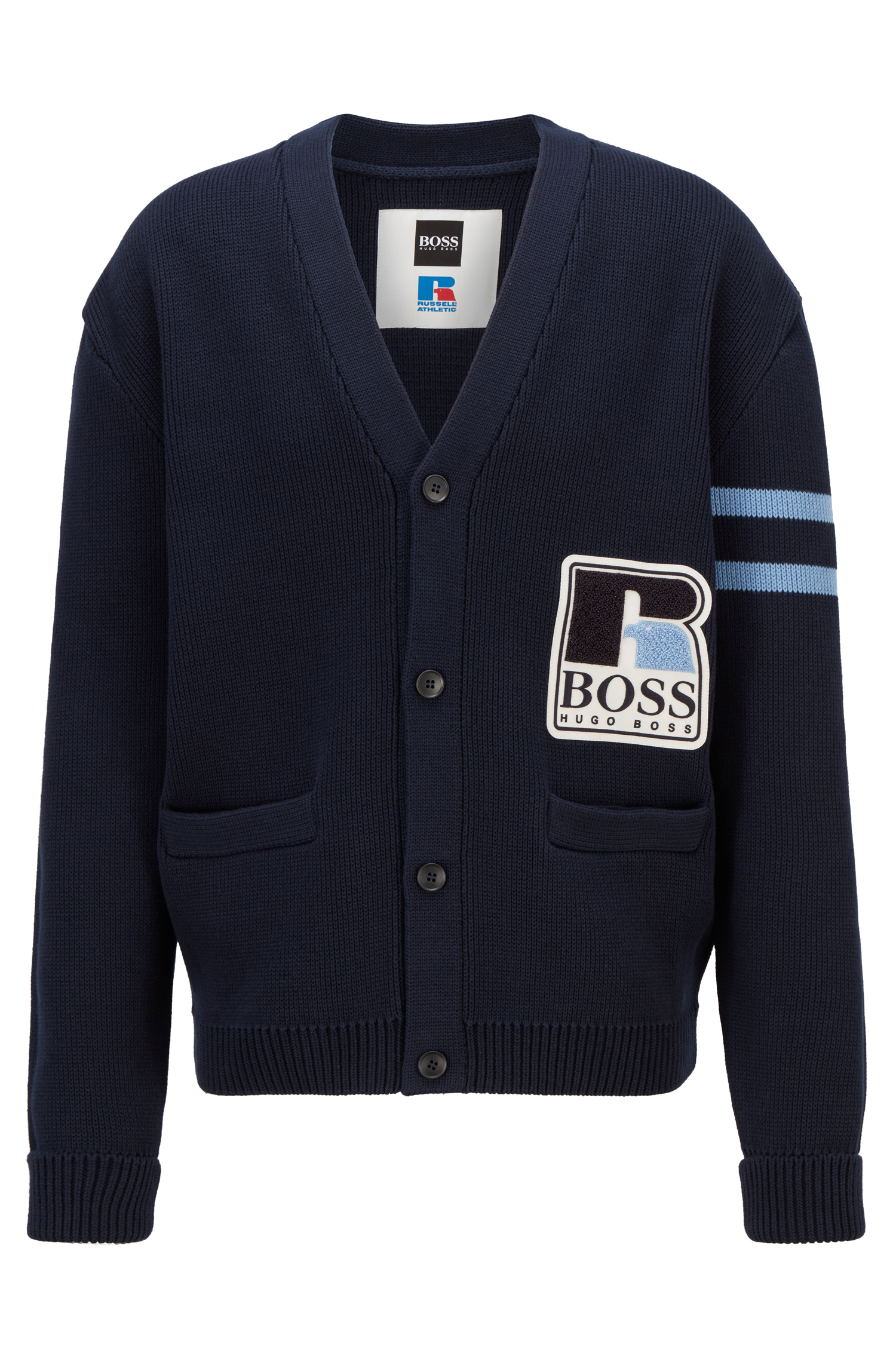 深藍色開襟針織外套NT$13,400 BOSS X Russell Athletic 。（BOSS提供）