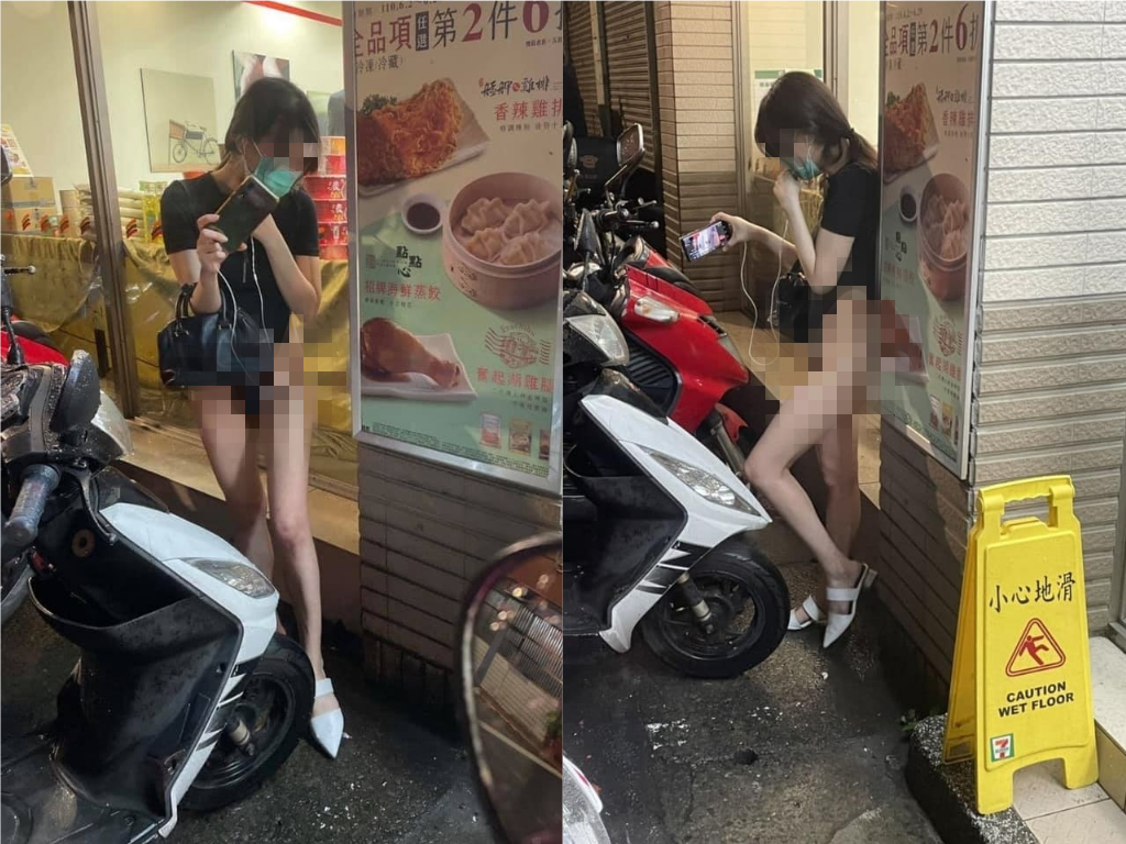 上週有網友在臉書社團,貼上一名女子站在暴雨中,身穿高衩泳衣的照片。(翻攝「爆廢公社公開版」)