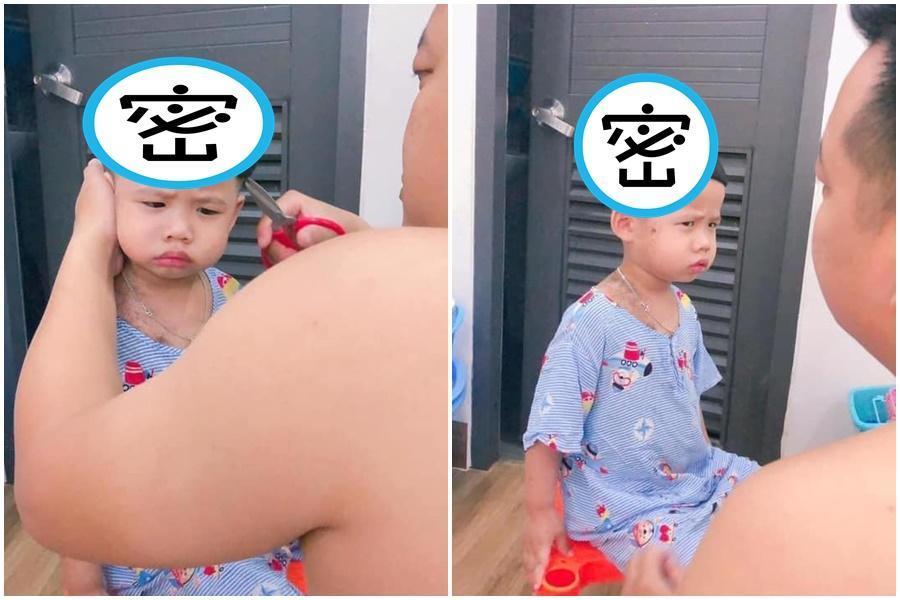 小朋友被爸爸剪頭髮百般不情願,最後完成後還怒瞪老爸。(翻攝自臉書「爆廢公社公開版」)