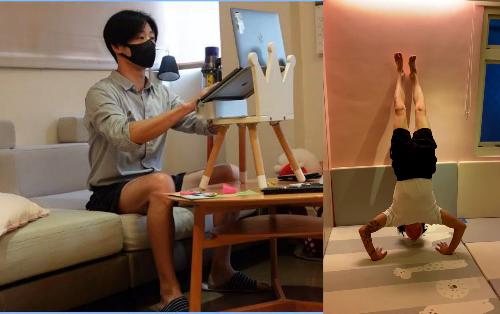 林昶佐視訊時仍是穿襯衫，在家會做囚徒健身類型的自我訓練來保持身材。（出日音樂提供）