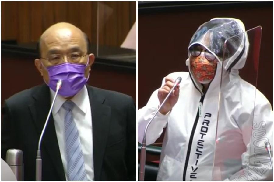 陳玉珍今天穿全身防護衣到立院質詢。(翻攝自YouTube國會頻道)
