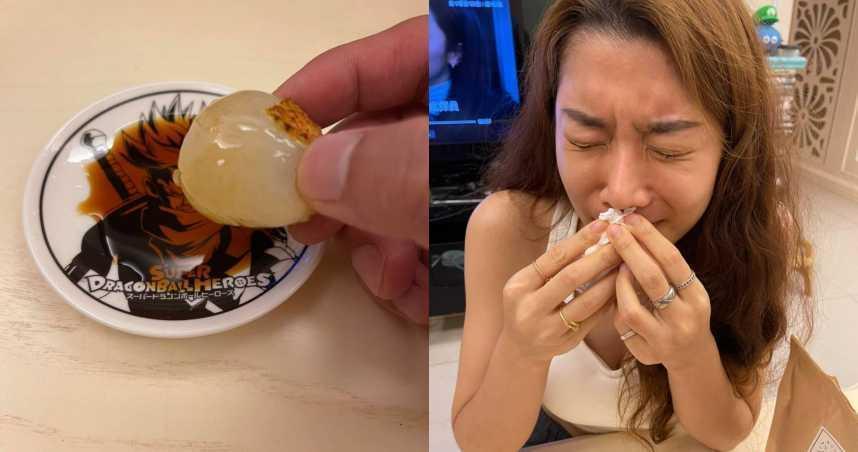 納豆把荔枝沾醬油，女友依依吃了表情痛苦。（翻攝自納豆臉書）