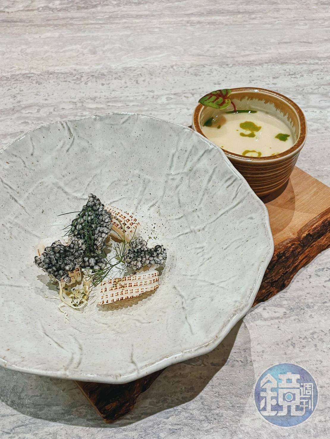 熱濃湯淋入碗中，浸著彈牙小卷與半酥半軟的墨魚脆片，口感潤香。
