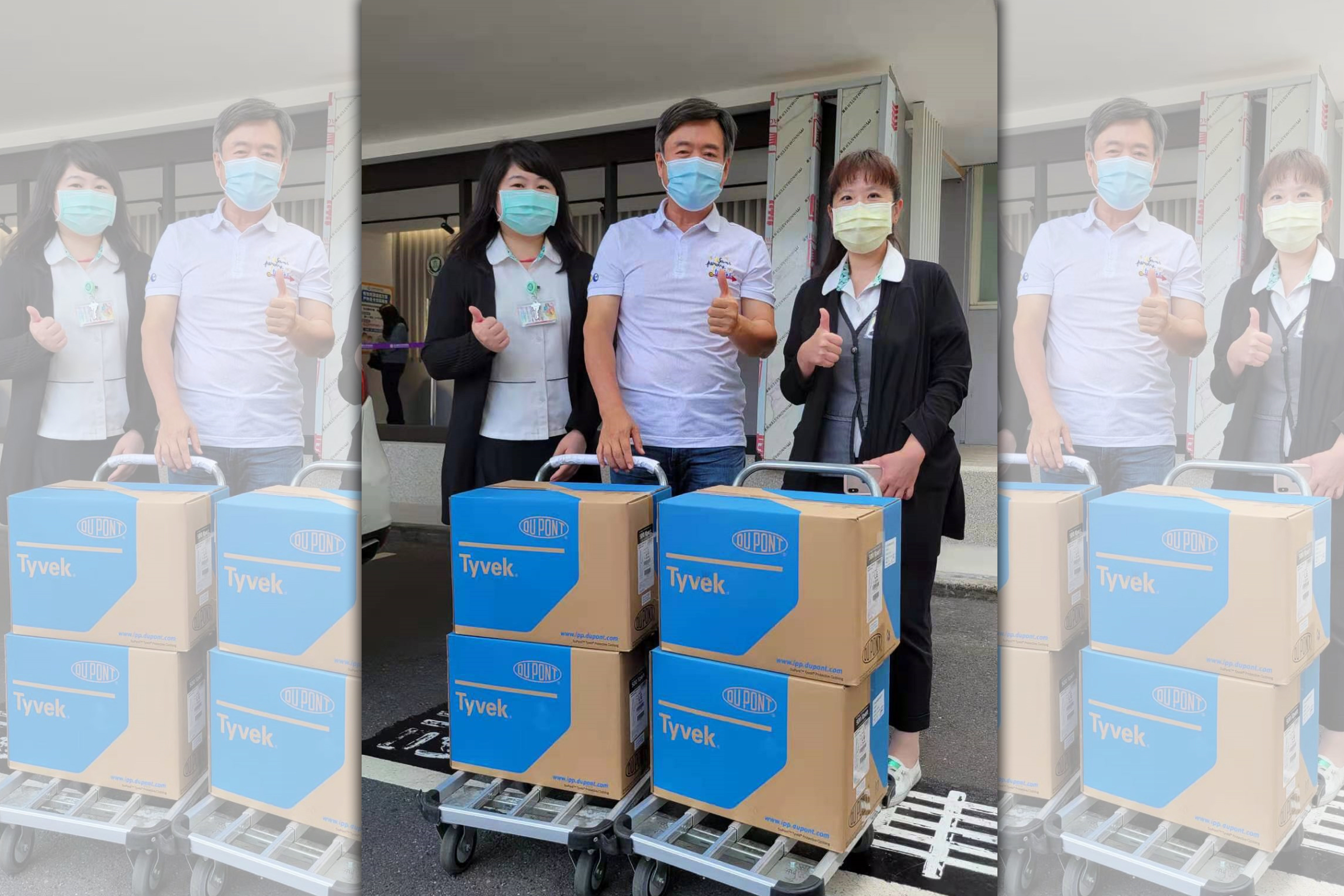 檢場（中）捐贈防護衣給第一線醫護人員。（艾迪昇傳播提供）