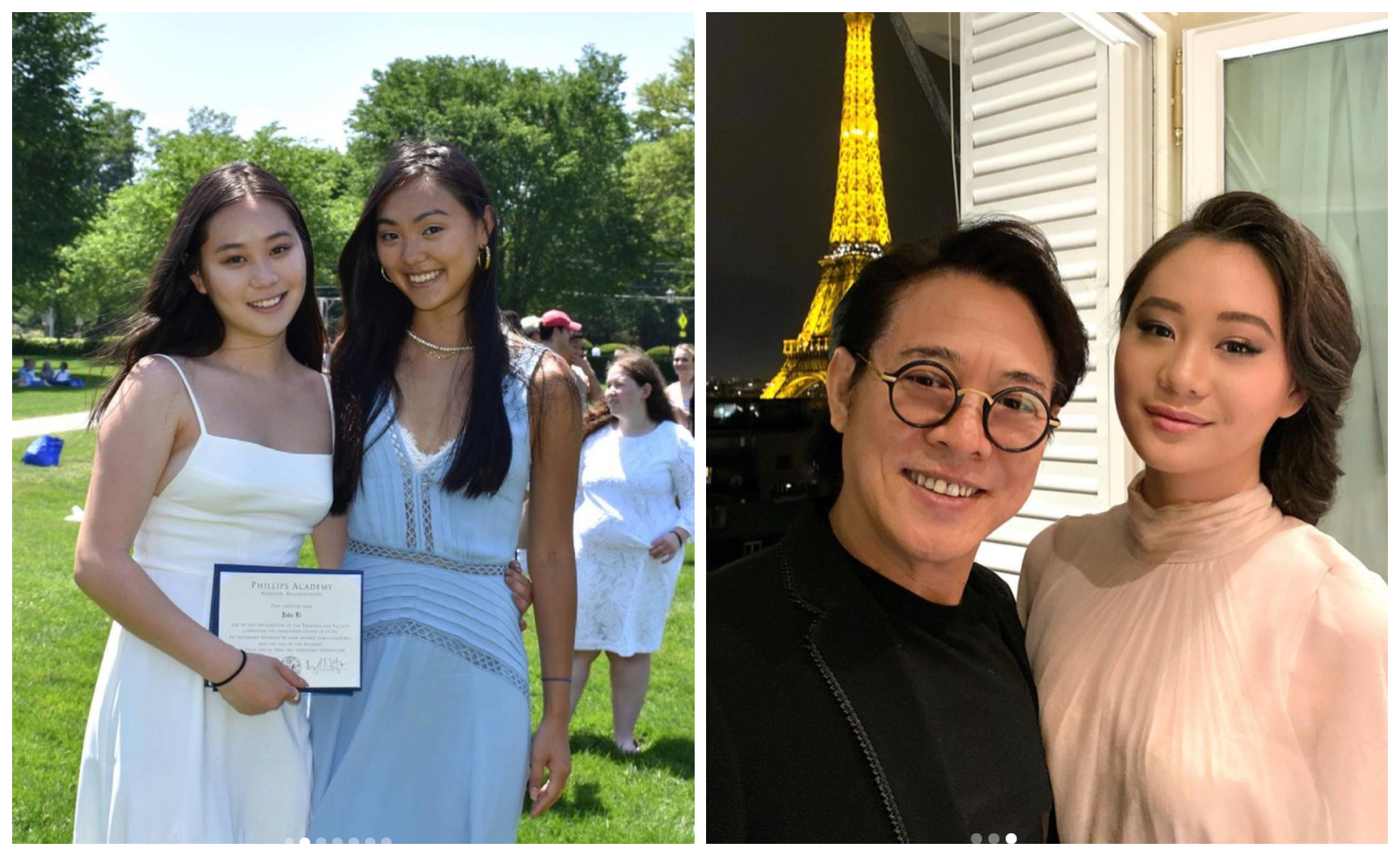 李連傑小女兒Jada（左圖左）高中畢業典禮開心與姊姊Jane（左圖右）合照。（翻攝Jada IG）