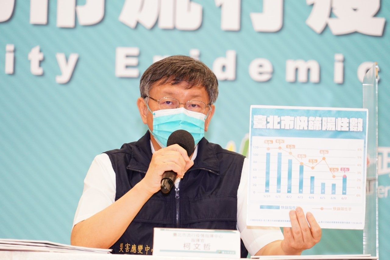 台北市長柯文哲分析,快篩陽性數的浮動和假日有關。(台北市政府提供)