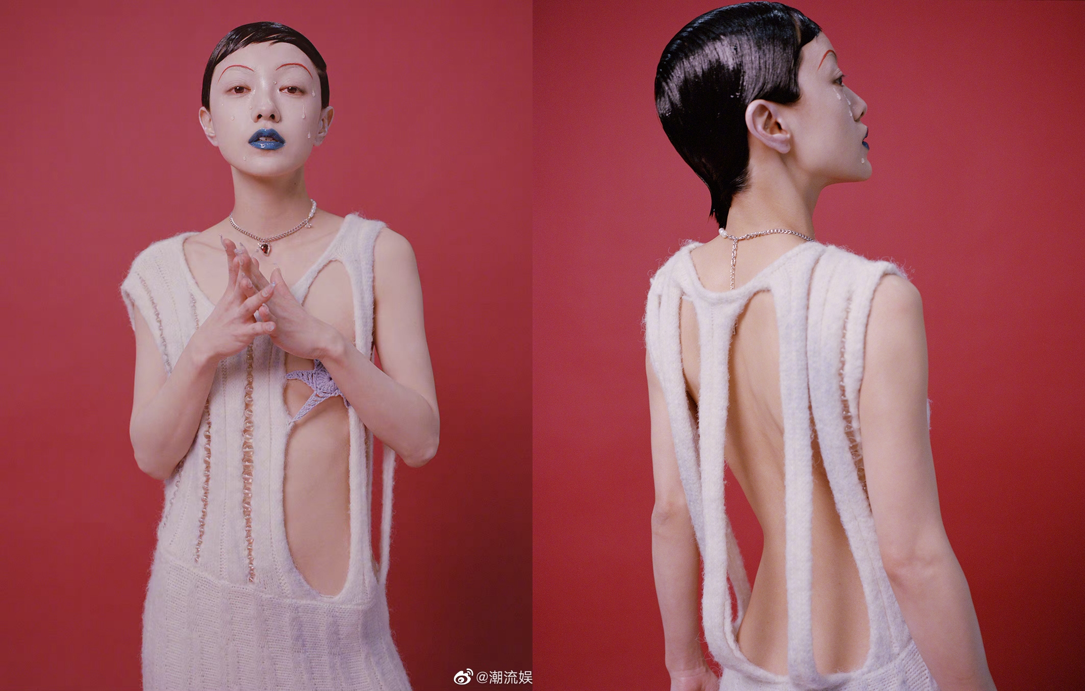 郭采潔穿上前後都大鏤空的白色針織洋裝，展現美妙曲線。（翻攝自郭采潔微博）