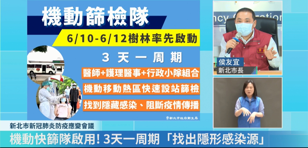 新北市長侯友宜宣布6月10日至12日啟動「機動篩檢隊」，從樹林率先啟動，3天為一週期，要找出隱形感染源。（翻攝自我的新北市臉書直播）