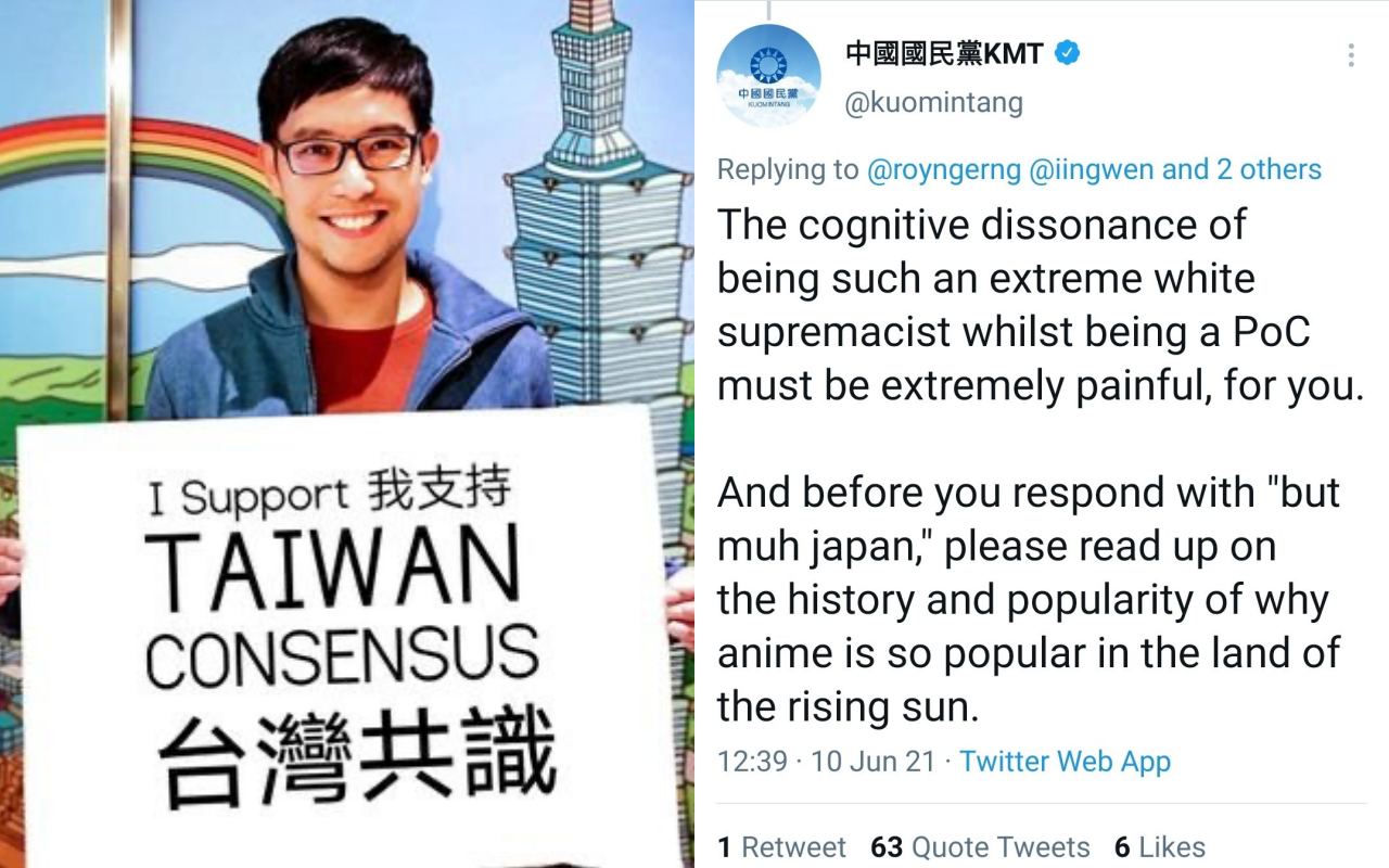 新加坡社運人士鄞義林(左)在推特評論美日捐贈台灣疫苗一事,遭國民黨以強烈措辭攻擊。(翻攝自鄞義林推特)