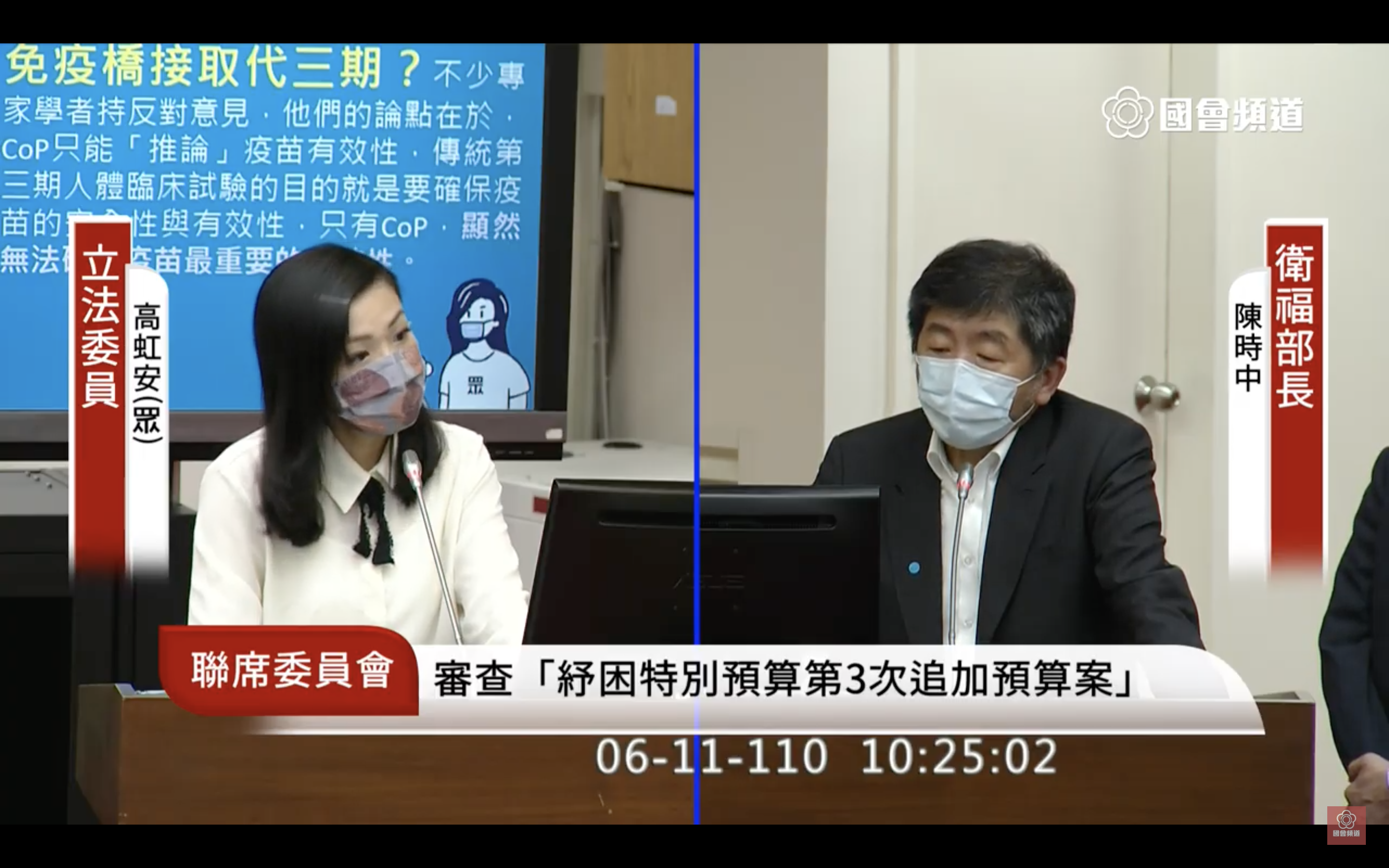 高虹安（左）質疑高端疫苗三期試驗與國際做法不同，陳時中也坦言目前沒有國家用此方式通過緊急授權。（翻攝自國會頻道YouTube）