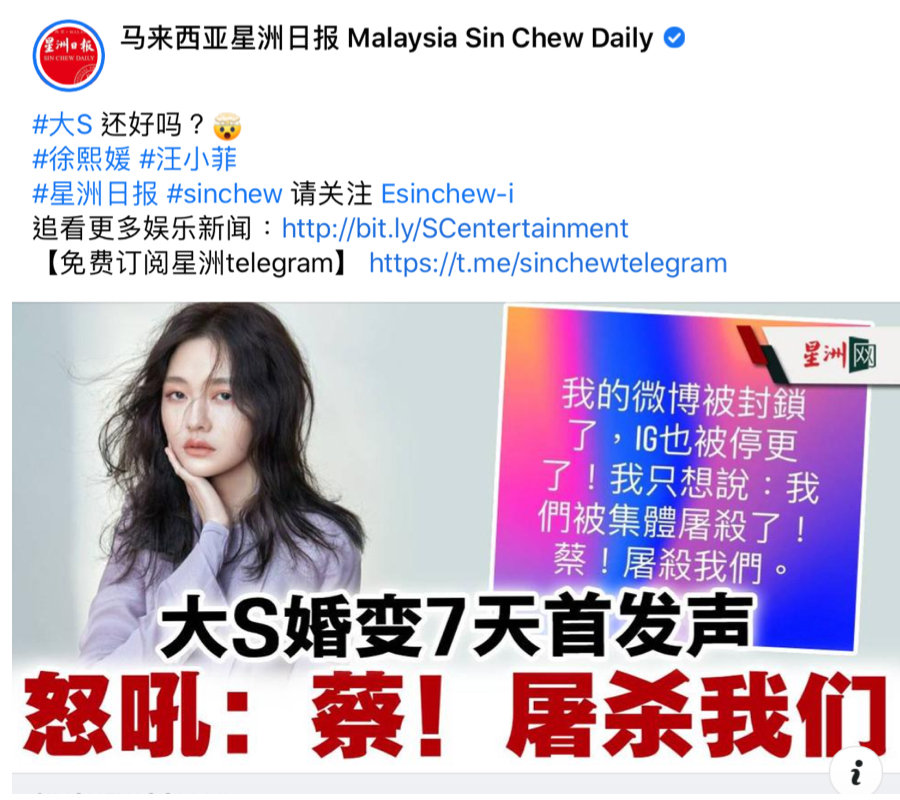 《星洲日報》分享大S控訴微博被封鎖，暴怒痛罵「蔡！屠殺我們」的新聞，並表達關切。（翻攝自臉書）