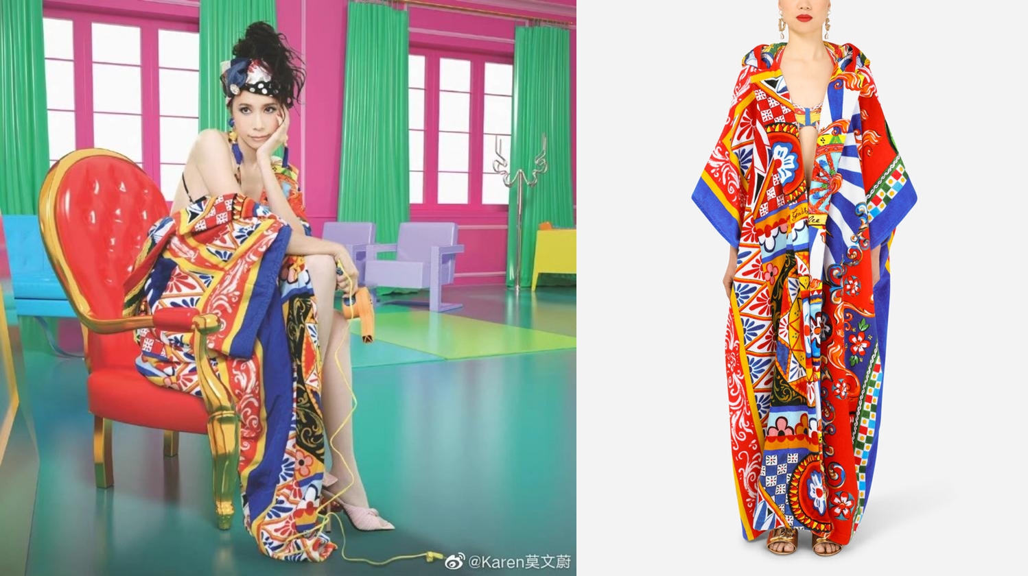 莫文蔚為了穿「辱華品牌」道歉了。（左圖翻攝自莫文蔚微博、右圖翻攝自D&G官網）