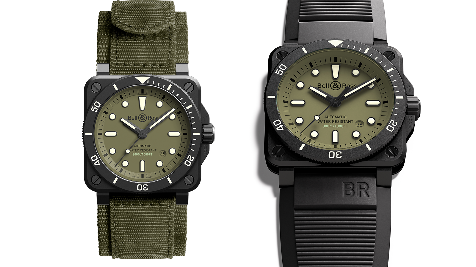 BR03-92 Diver Military｜錶徑42mm／陶瓷錶殼／時、分、秒、日期指示／BR-CAL.302自動上鏈機芯／防水300米／建議售價：NT$ 146,000（附有織帶及橡膠帶，限量999只）